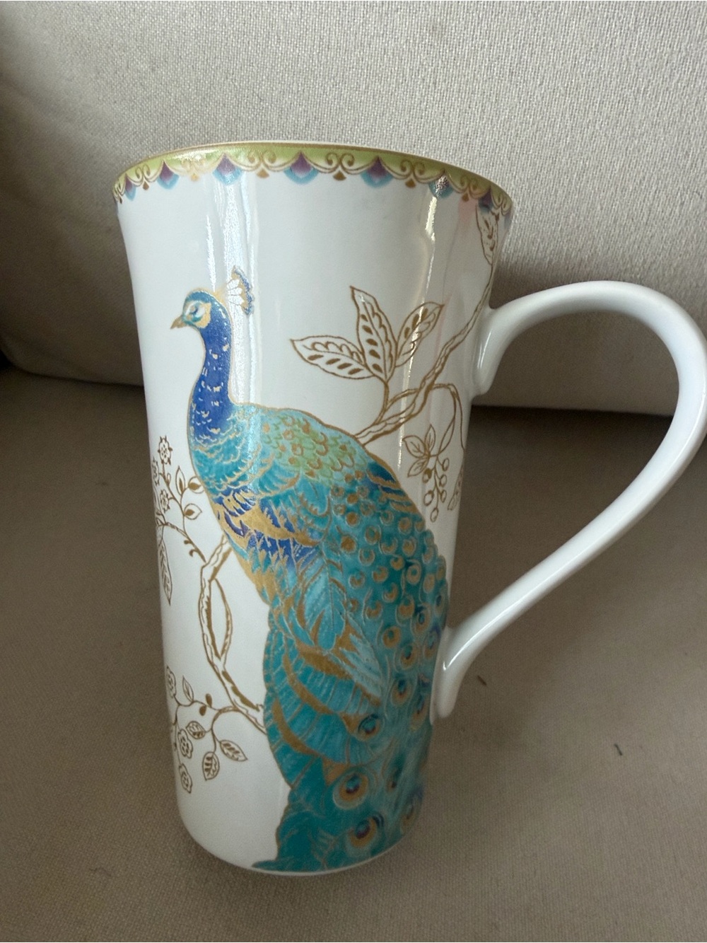 222 fifth Blue Peacock Porcelain Mug with Gold Accents